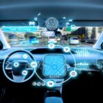 Interior de carros autônomos com interface inteligente, sensores avançados e direção autônoma, destacando o futuro da mobilidade urbana.