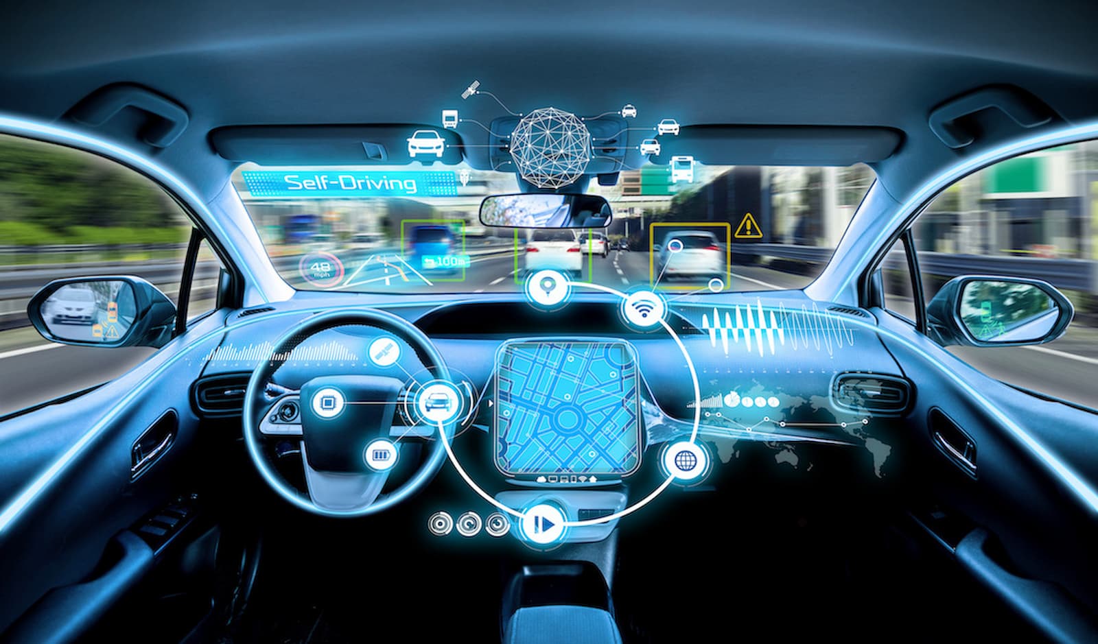 Interior de carros autônomos com interface inteligente, sensores avançados e direção autônoma, destacando o futuro da mobilidade urbana.